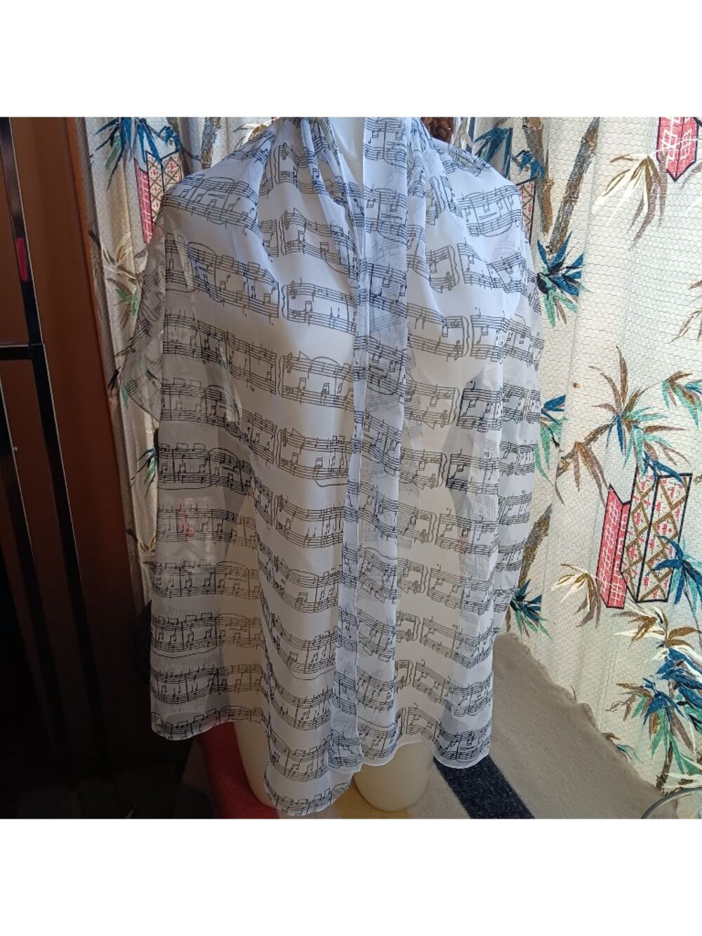 Vintage 20x60" Black & White Music Note Sheer Long Scarf Shawl Orchestra